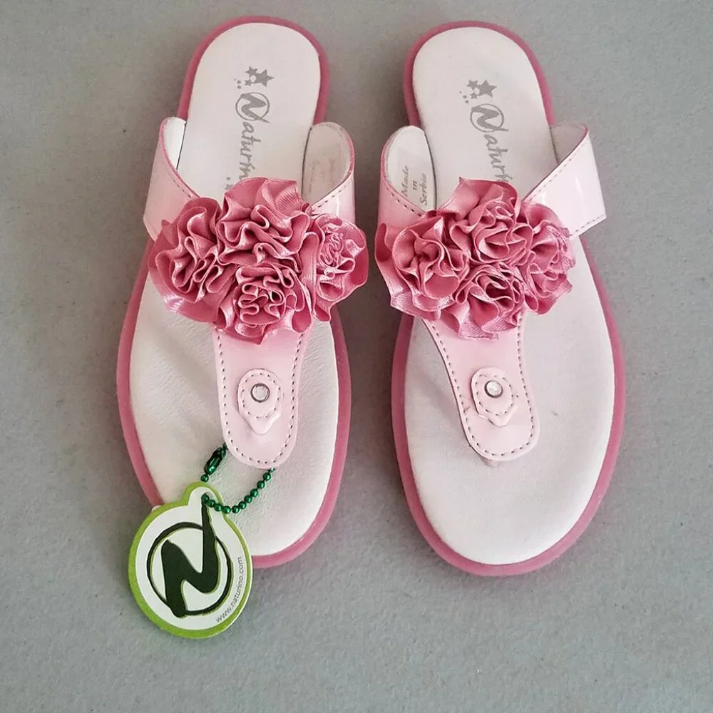 Naturino Girls Pretty in Pink Slip-on Thong Sandals‎ Shoes w/Rosette NEW size 9